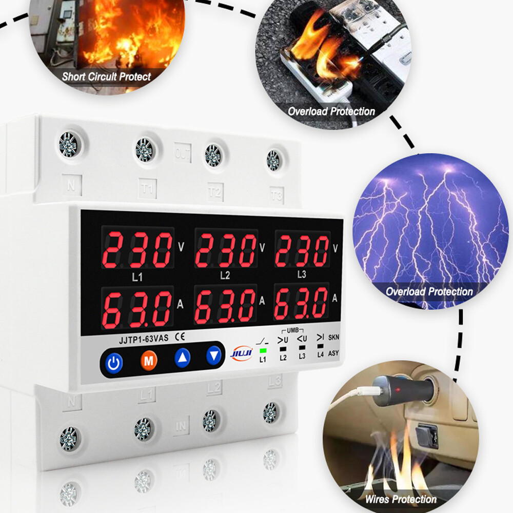 63A Three Phase Voltage&Current Protector w/ Automatic Off & Reset L0T9