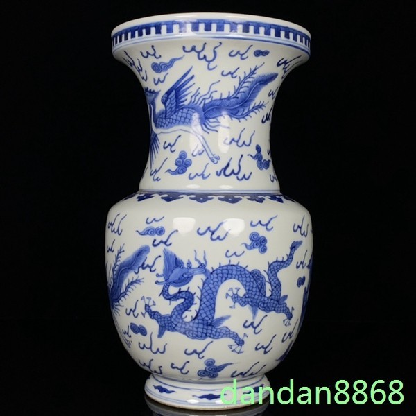 9.6"China Qing Dynasty Kangxi Blue White Porcelain Dragon Phoenix Vase pot zun