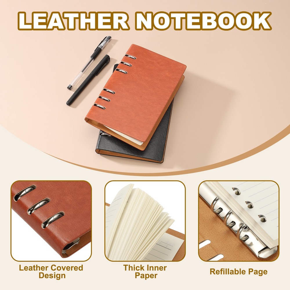 A6 Refillable Leather Notebook, 2Pcs 6 Ring Hardcover Binder Notebook, Brown