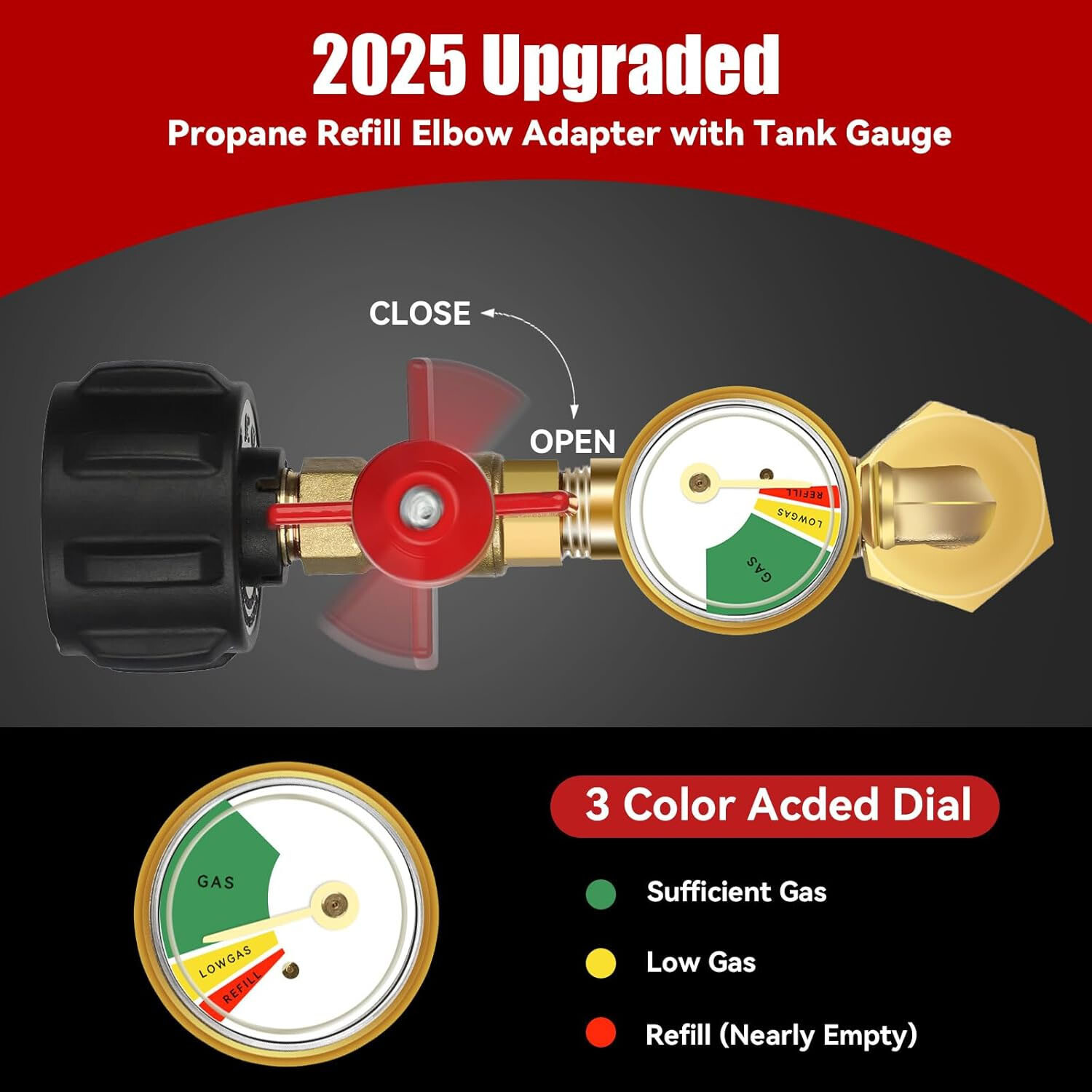 Propane Refill Adapter 20lb to 1lb, 90° Elbow, ON/OFF Valve & Gauge, Leak-Proof