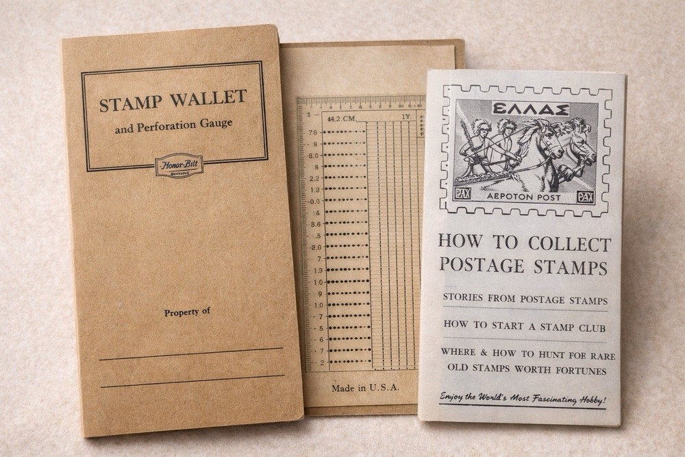 Vintage Stamp Wallet w/ Perforation Gauge & Littleton Stamp Co Booklet