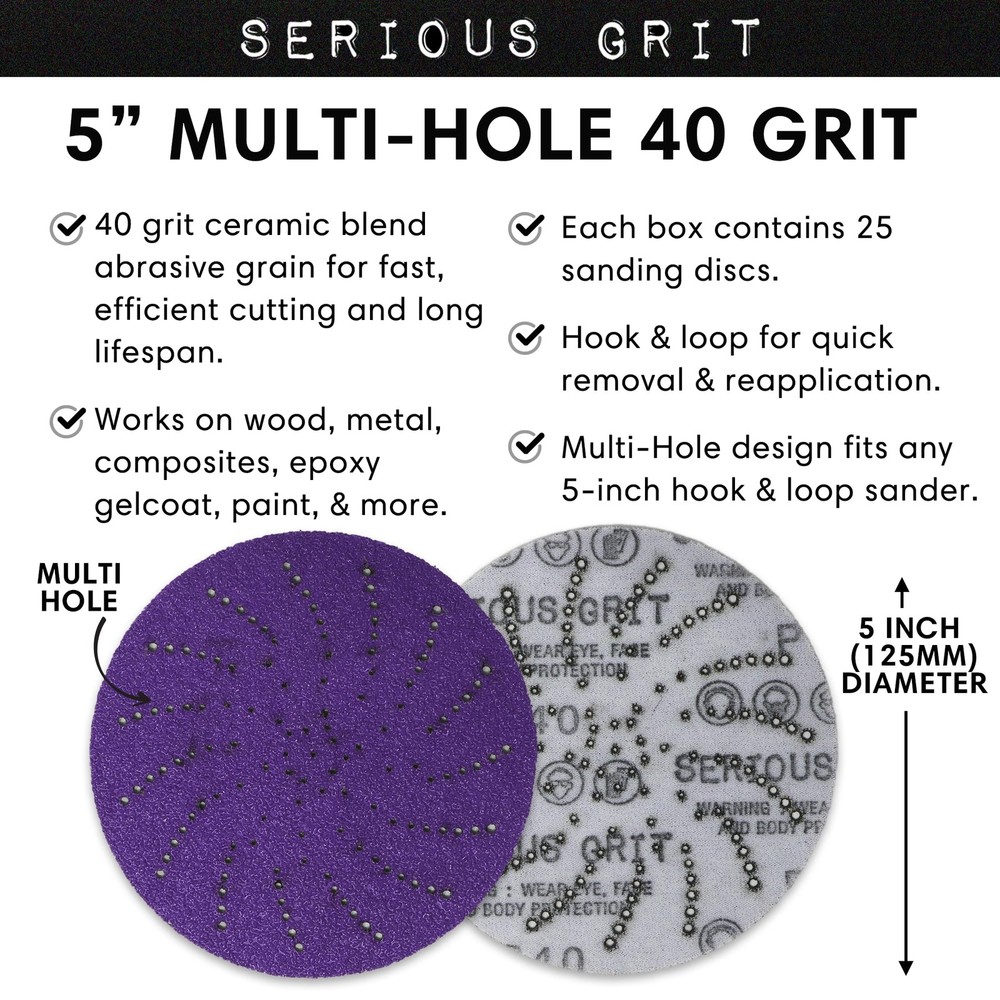 5-Inch 40 Grit Ceramic Multi-Hole Hook & Loop Sanding Discs - Advanced Grain ...