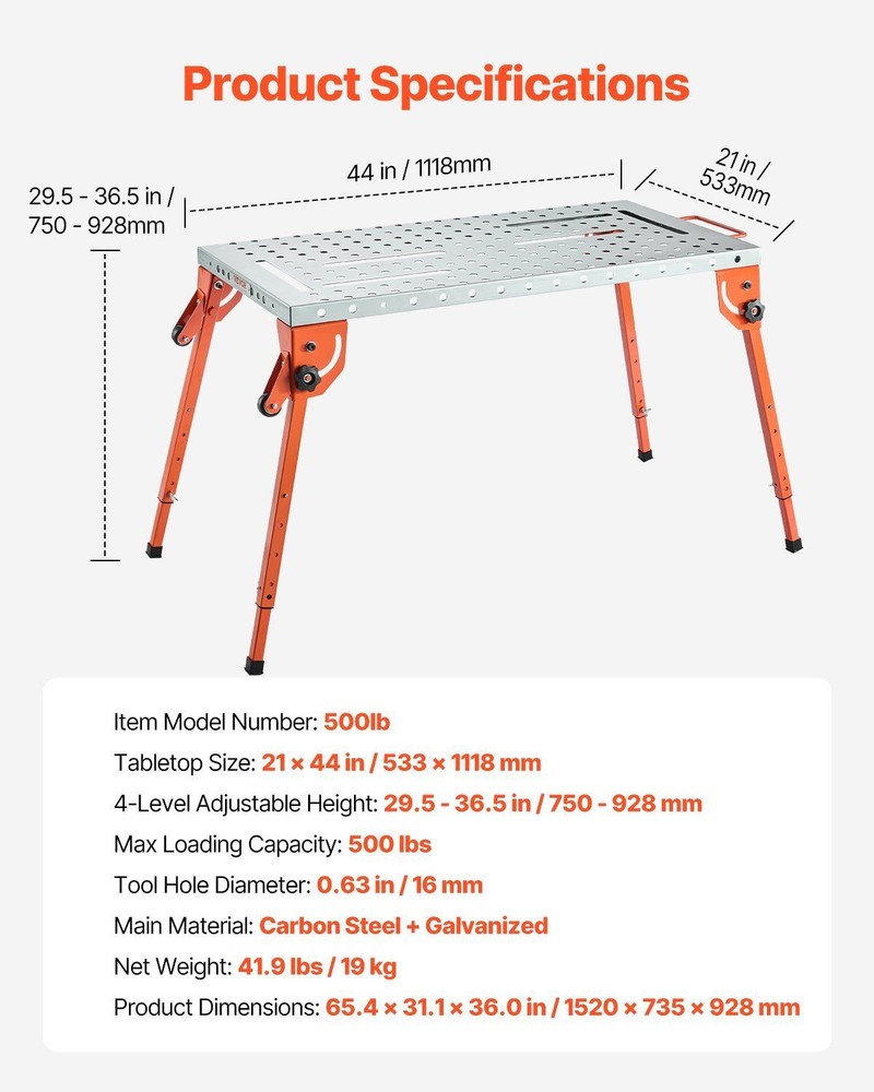 44" x 21" Welding Table Folding -500LBS Workbench with 4-Level Adjustable Height
