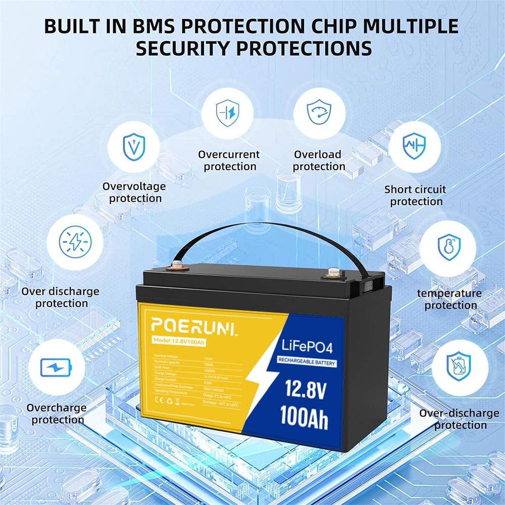 POERUNI 12.8V 1280Wh 100Ah LiFePO4 Lithium Battery Deep Cycles Built-in BMS NEW