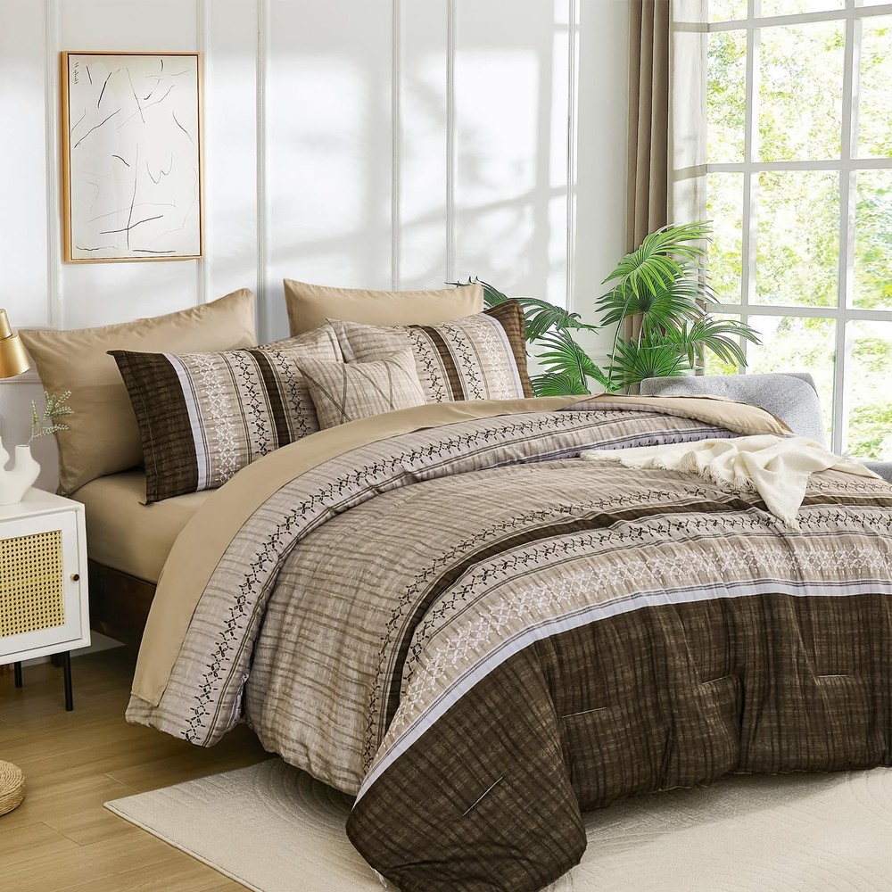 Dintszyayue King Comforter Set 8 Piece Brown Boho Striped Microfiber