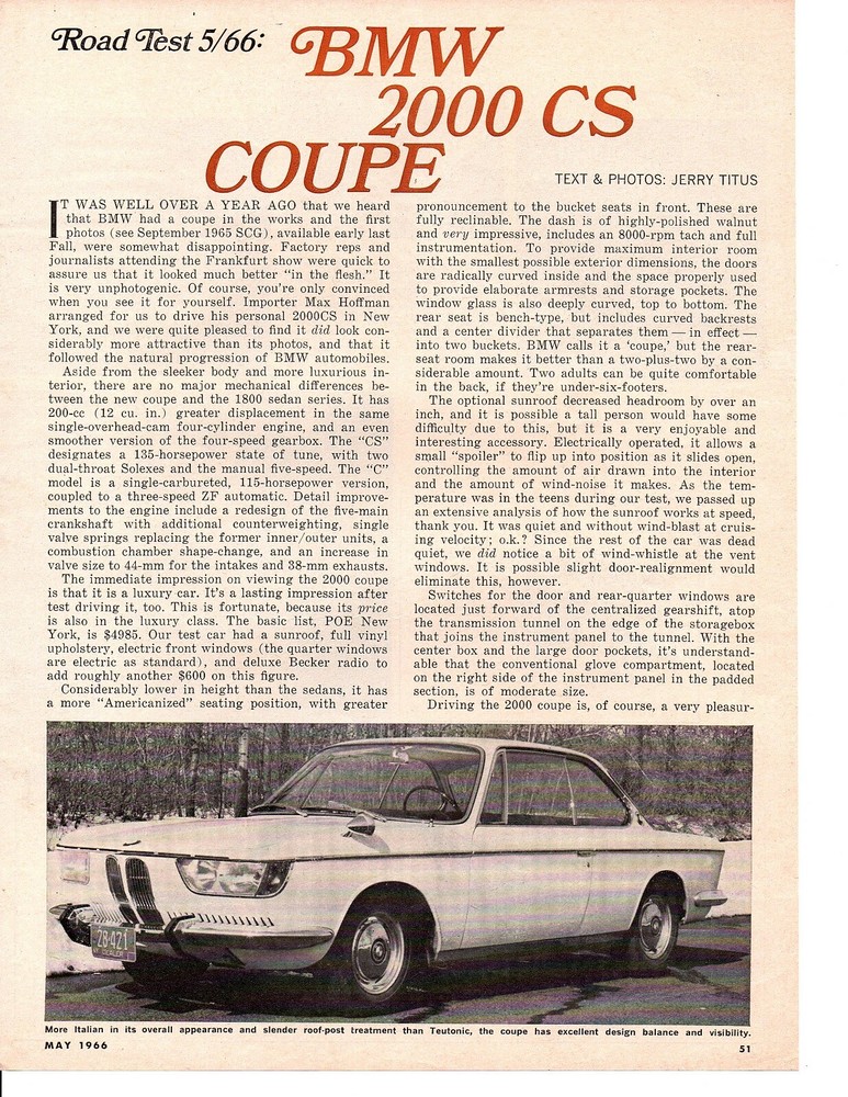 1966 BMW 2000 CS ~ ORIGINAL 3-PAGE ROAD TEST / ARTICLE / AD