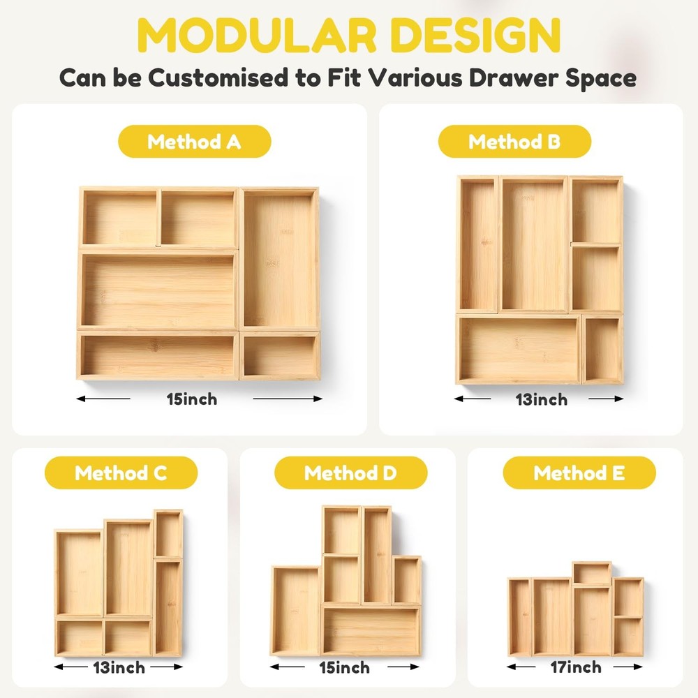 Bamboo Drawer Organizer, 5 Pcs Kitchen Drawer Organizer Set, Multi Purpose Ut...