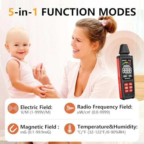 5-in-1 EMF Detector Meter - Handheld Radiation Reader for EF, RF, MF, WiFi, Temp