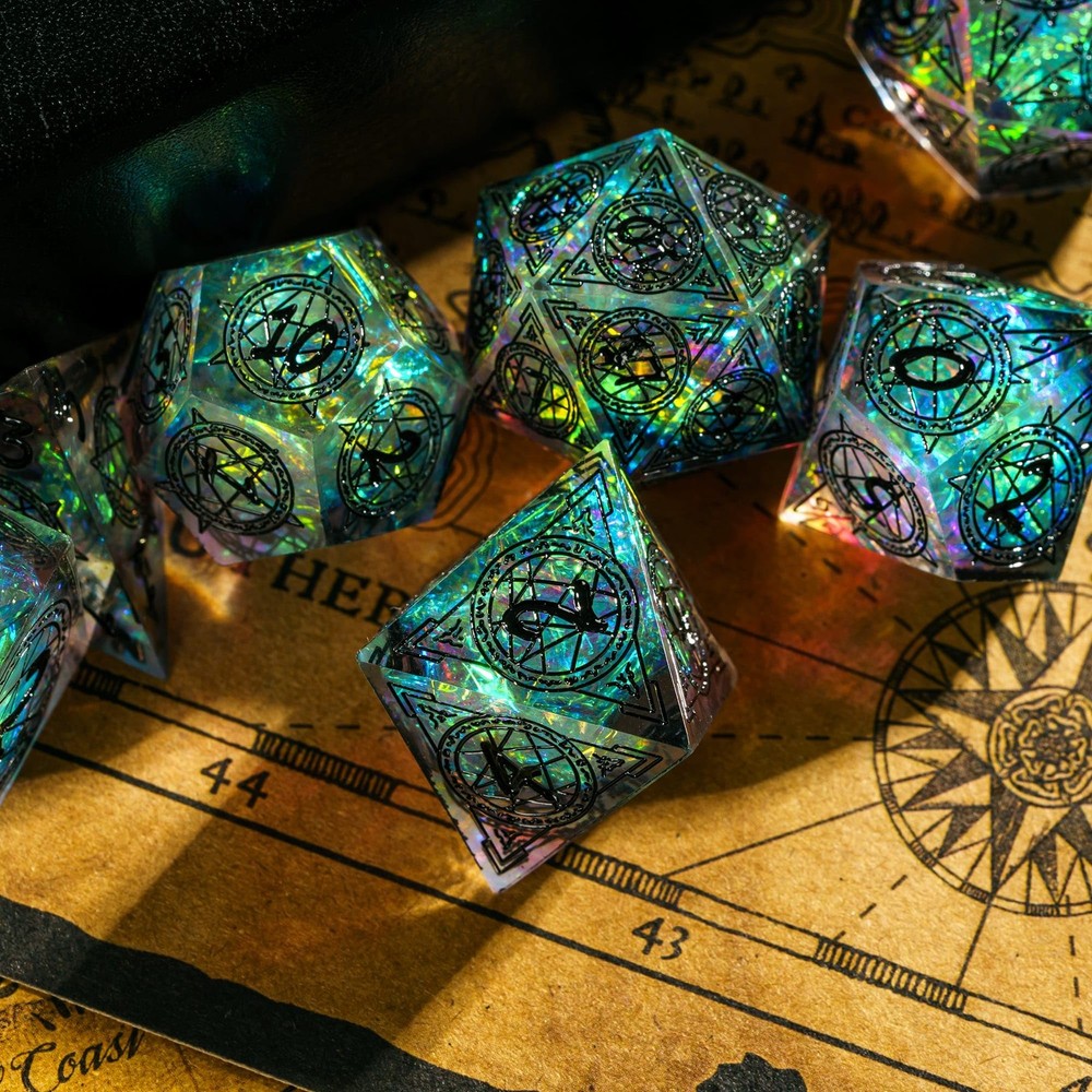 Cusdie 7-Die Sharp Edges DND Dice Set, Magic Circle Pattern Polyhedral D&D Dice