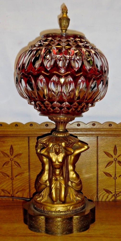 Vintage Neoclassical Flash Ruby Shade Lamp w/ Three Men Base