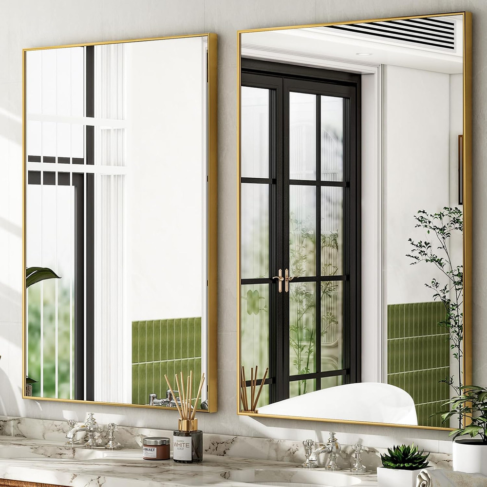 Gold Rectangular Bathroom Mirror 48"x30" Wall-Mounted Vanity Mirror