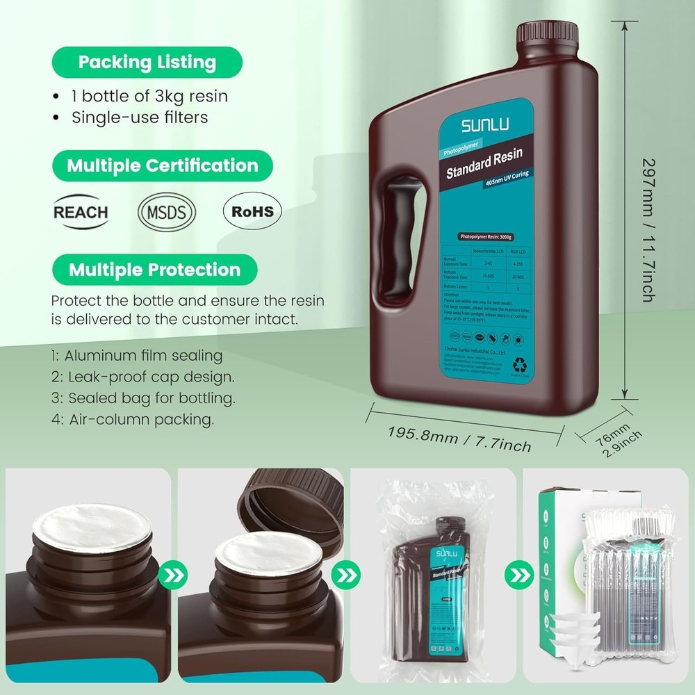 Precision 3D Printer Liquid Resin, 3kg - Fast Curing, Minimal Odor, Leak-Proof