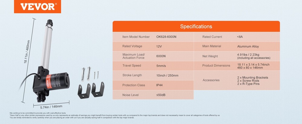 12V Linear Actuator 6000N 5mm/s Electric Linear Motor Controller w Mount Bracket