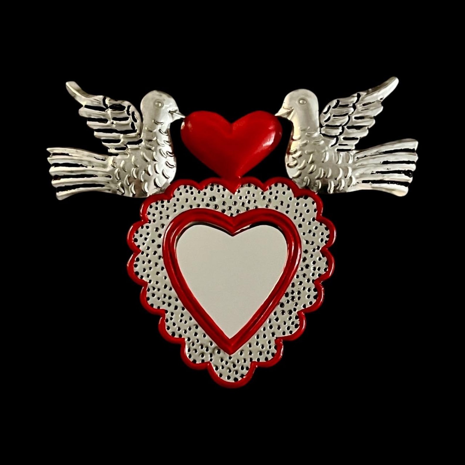 Tin HEART MIRROR, Small Corazon with Doves, Sacred Heart, Mexican Punched Tin
