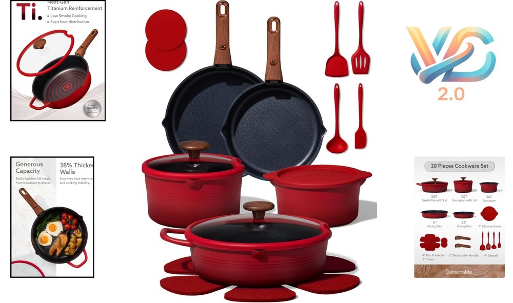 20Pcs Titanium Cookware Set Non Stick Pots Pans Detachable Handle Kitchen