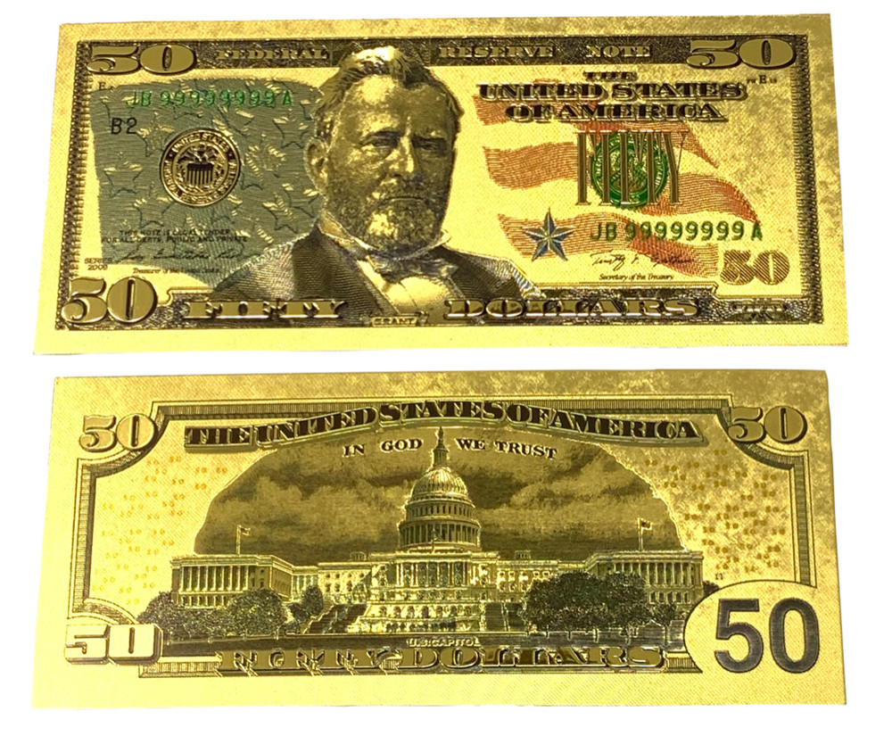 24K GOLD Plated Foil $50 Dollar Bill Collectible Novelty Collection Note Gift