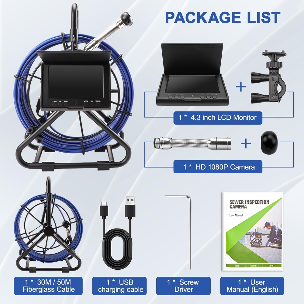 Sewer Camera w/DVR Function, 4.3" HD 1080P Screen Pipeline Inspection Camera,...