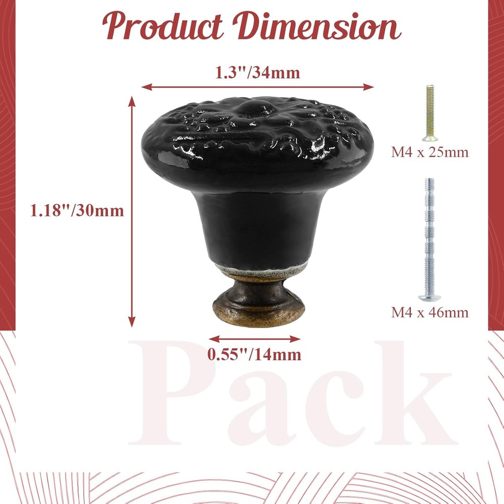 4pcs Black Ceramic Knobs, Vintage & Retro Dresser & Cabinet Knobs, Decorative Dr