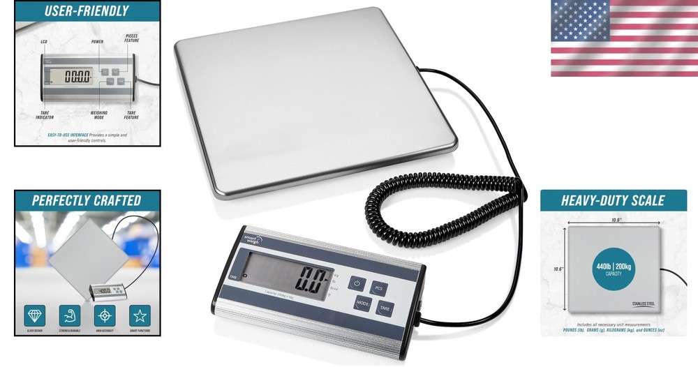 Stainless Steel Postal Scale: 440 lb Capacity, 6 oz Readability, Hold Function