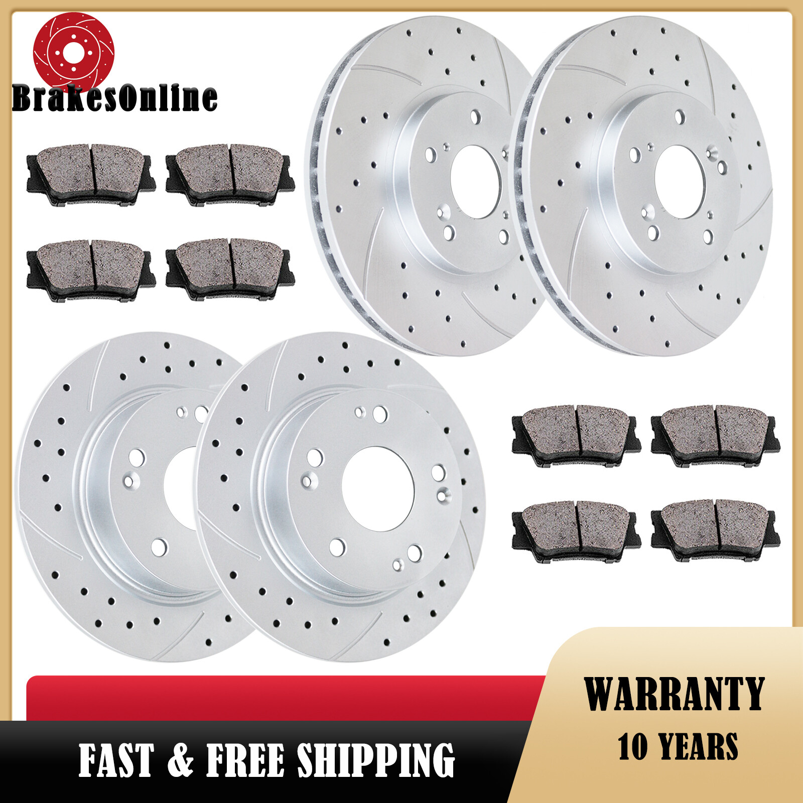Drilled Slotted Front Rear Brake Rotors and Pads Kit for Honda Accord ACURA TSX