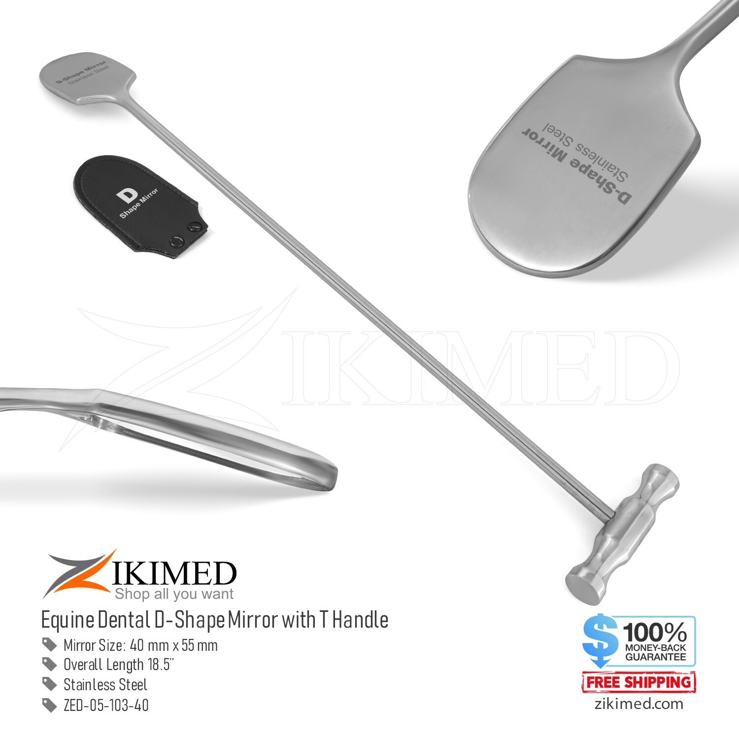 Equine Dental Examination D-Shape Mirror, Stainless Steel Length 18" Long