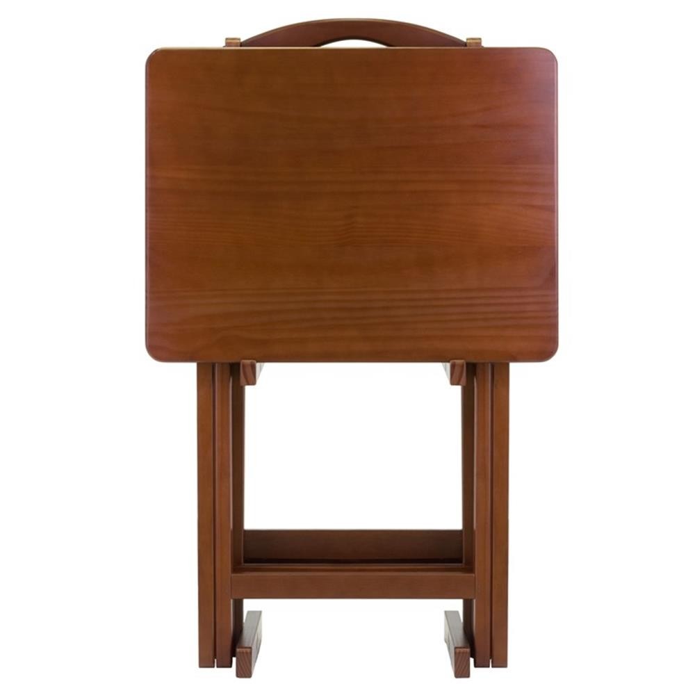 Pemberly Row 5-Piece Transitional Solid Wood Snack Table Set in Walnut