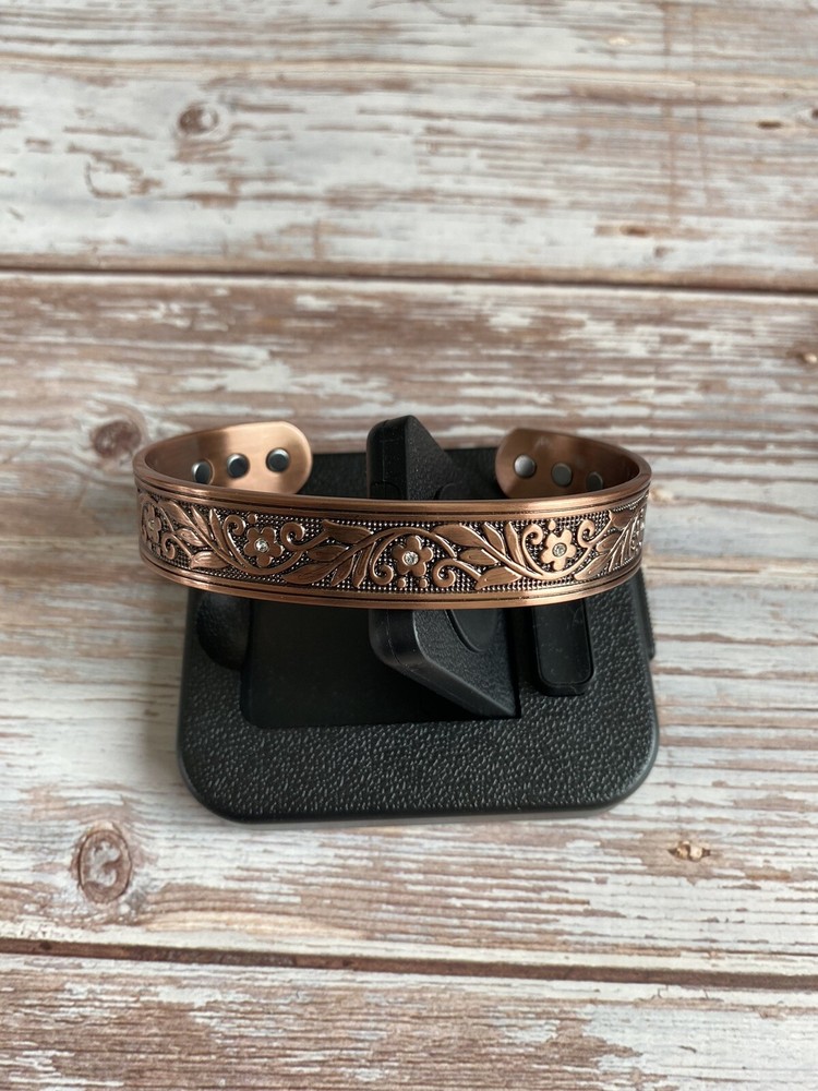 Crystal Flower Pattern Magnetic Therapy Pure Copper Bangle Bracelet