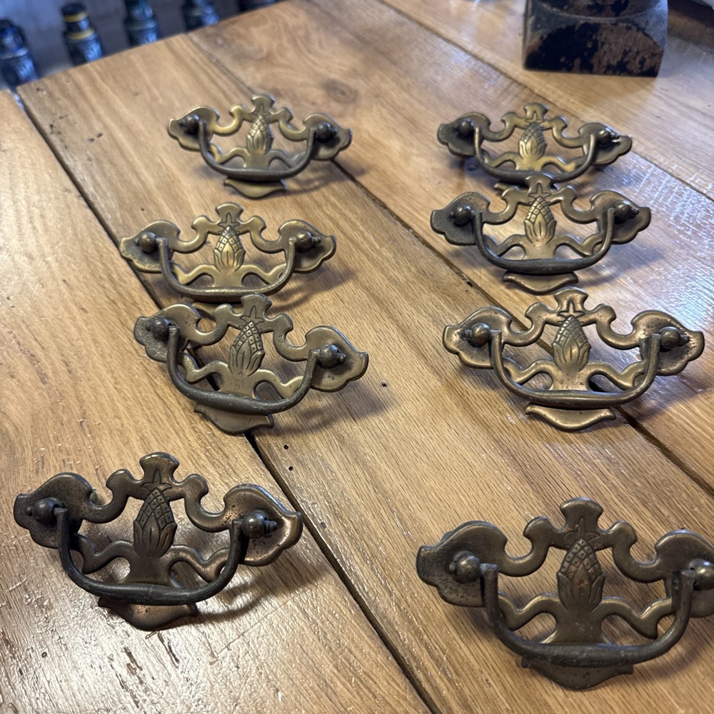 8 medium Brass Drawer Pulls Drop Bail Pineapple Design Bat Wing