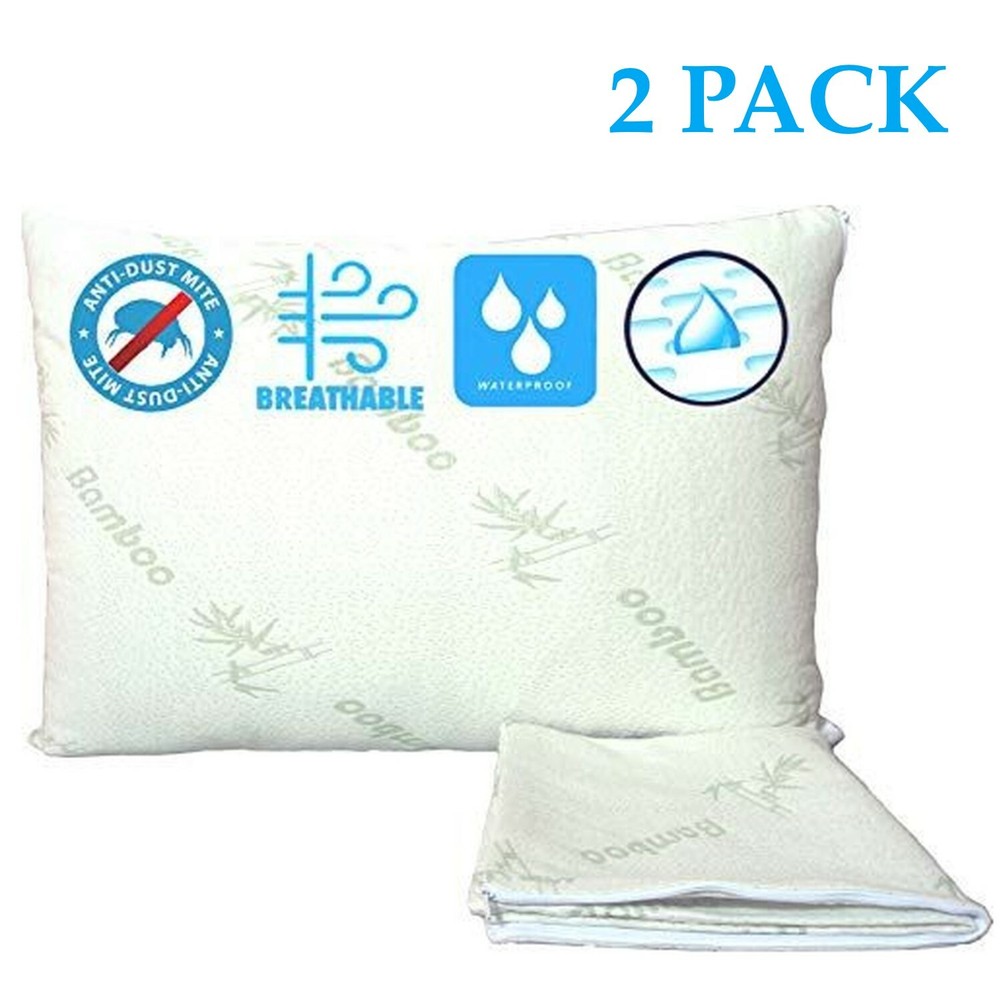 Bamboo Pillow Cover Zippered Protector Waterproof Case Noisless Breathable 2Pack
