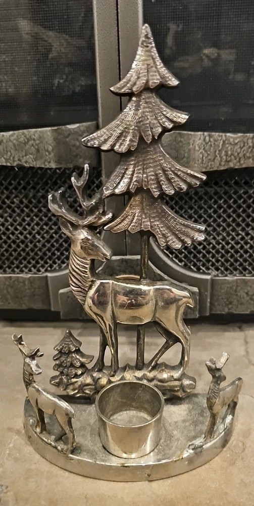 Vintage International Silver Co Stag Buck Deers & Tree Reindeer Candle Holder