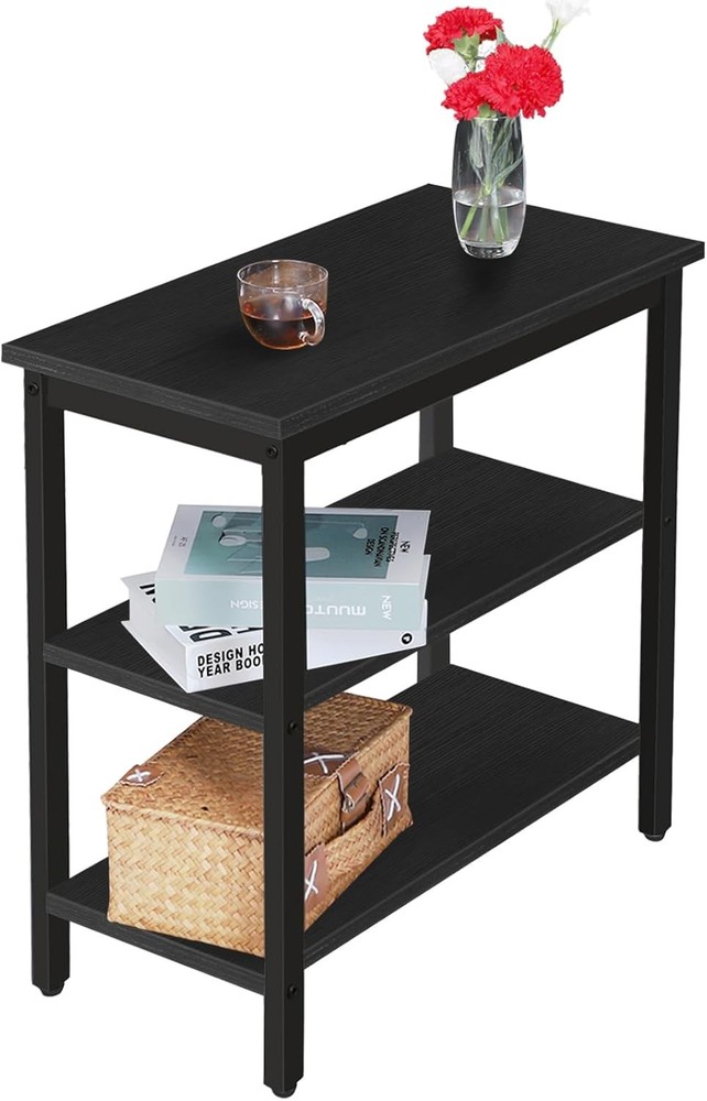 End Table Simple Rustic Side Table W/ 3-Tier Storage Shelf Narrow Nightstand
