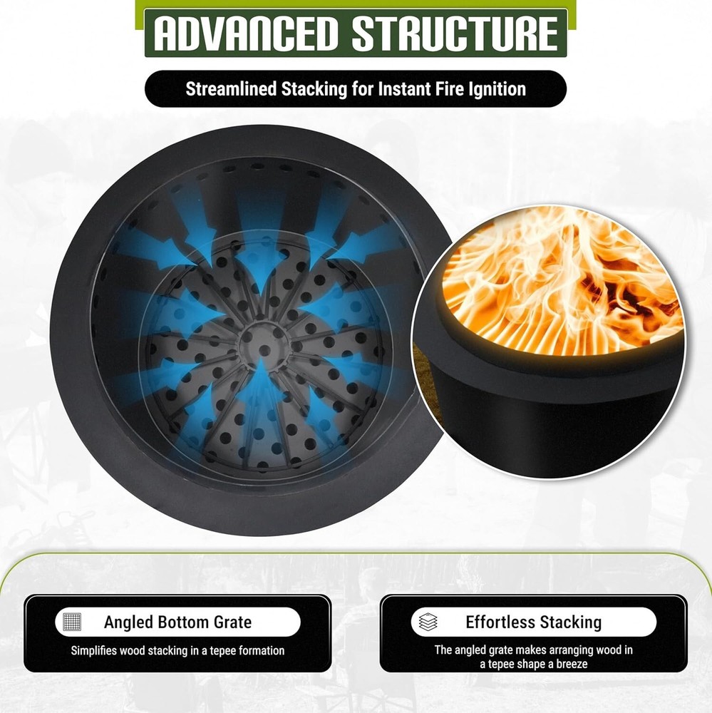 FEBTECH 21.6" Smokeless Fire Pit with Round Tabletop & Firewood Storage Shelf