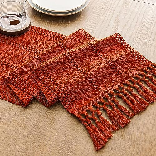 Macrame Style Boho Table Runner, Burnt Ochre Fall Table 12x48 Inch Dark Orange