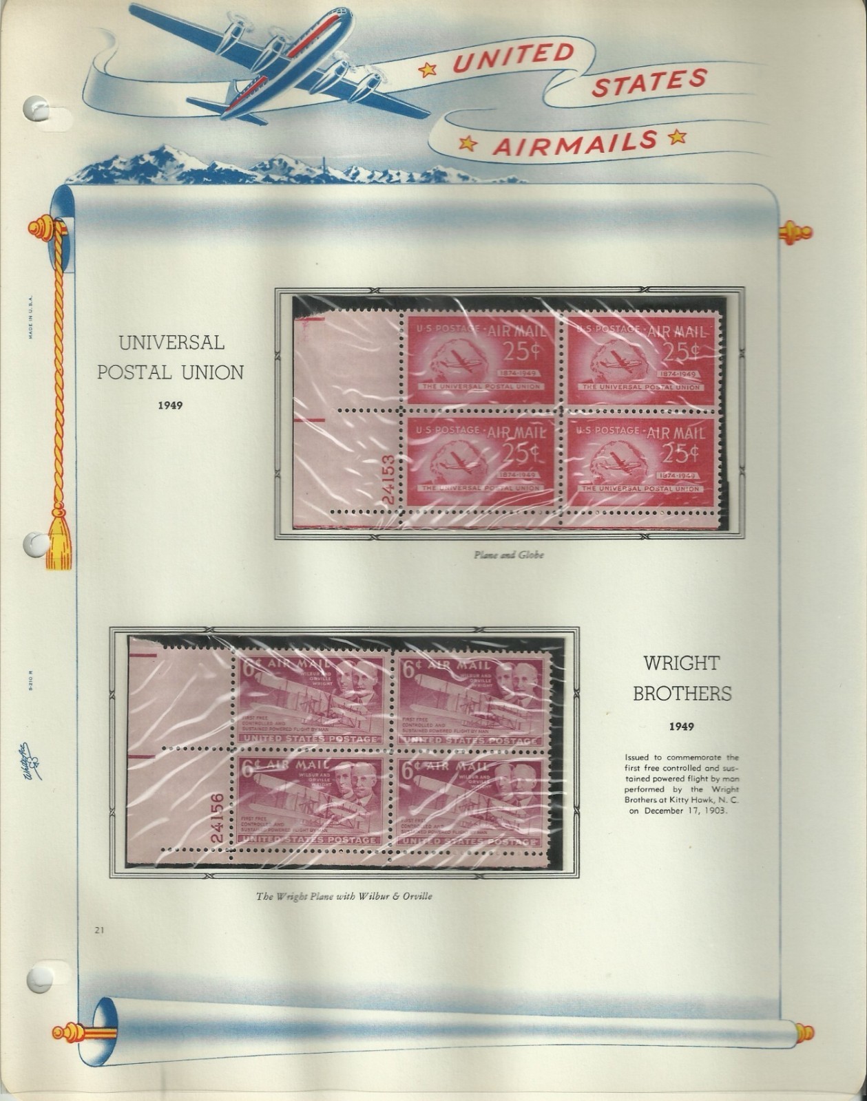 USA Stamps: Air Mail Plate Blocks & Singles on White Ace Album Pages. SCV $350+
