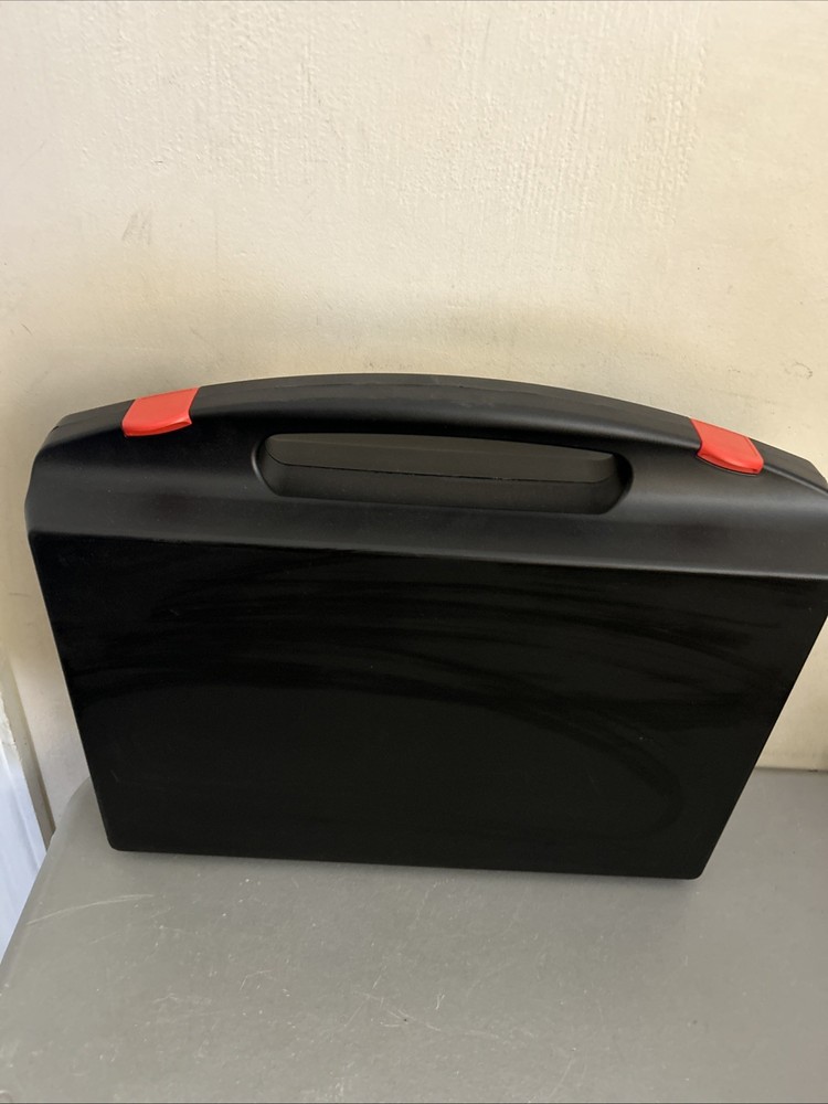 Plastic portable storage or tool box with red snap locks