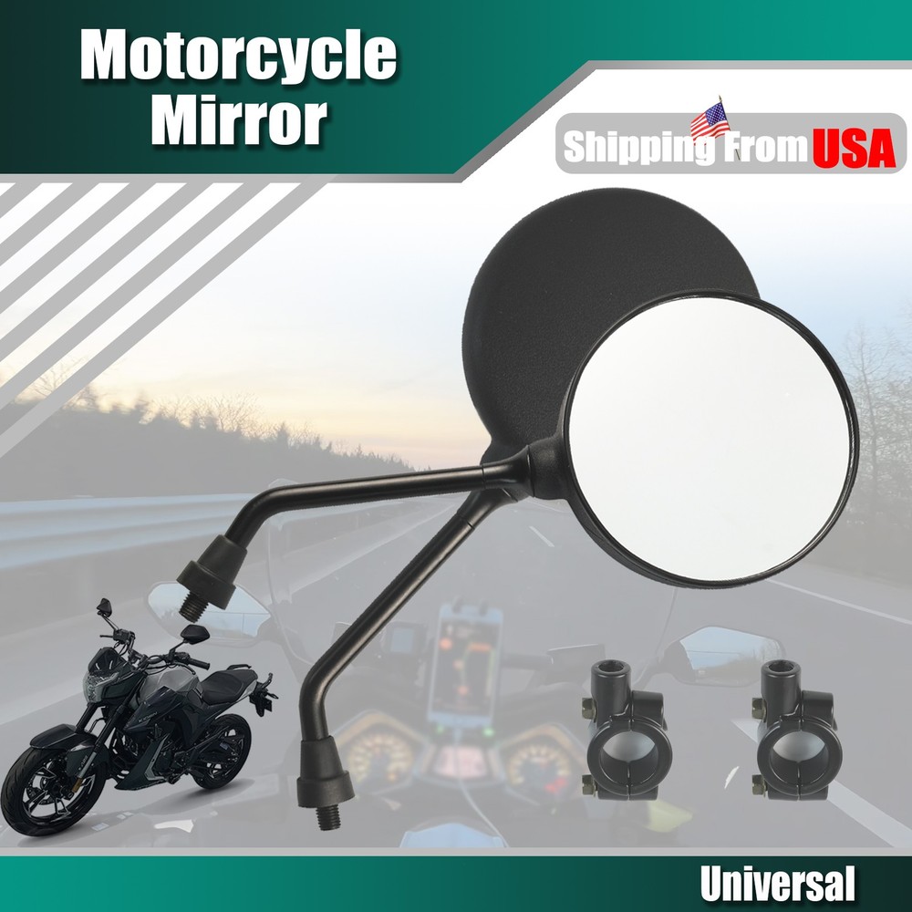 Pair Universal Round Long Stem Motorcycle Mirrors 10mm Black Left + Right