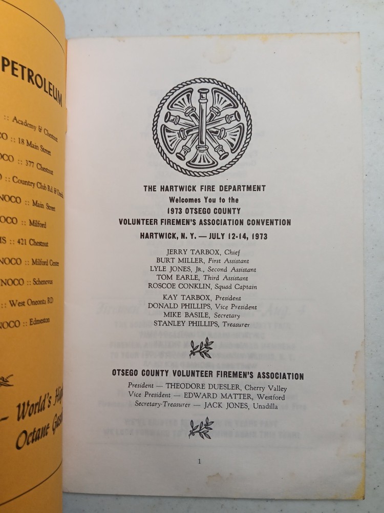 1973 Otsego County NY Vol. Fire Dept Convention Program Firefighting Hartwick