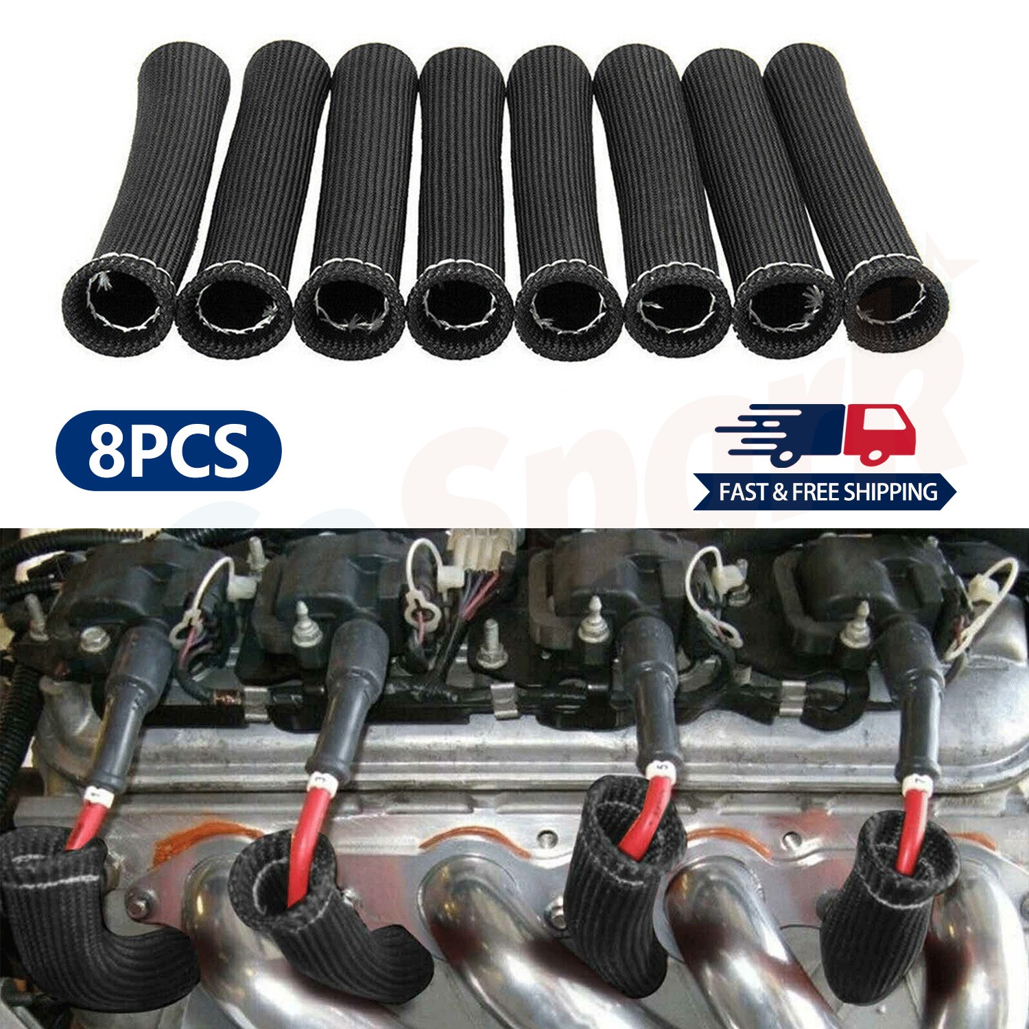 8Pcs 2500° 6" Spark Plug Wire Boots Protector Sleeve Heat Shield Cover Black