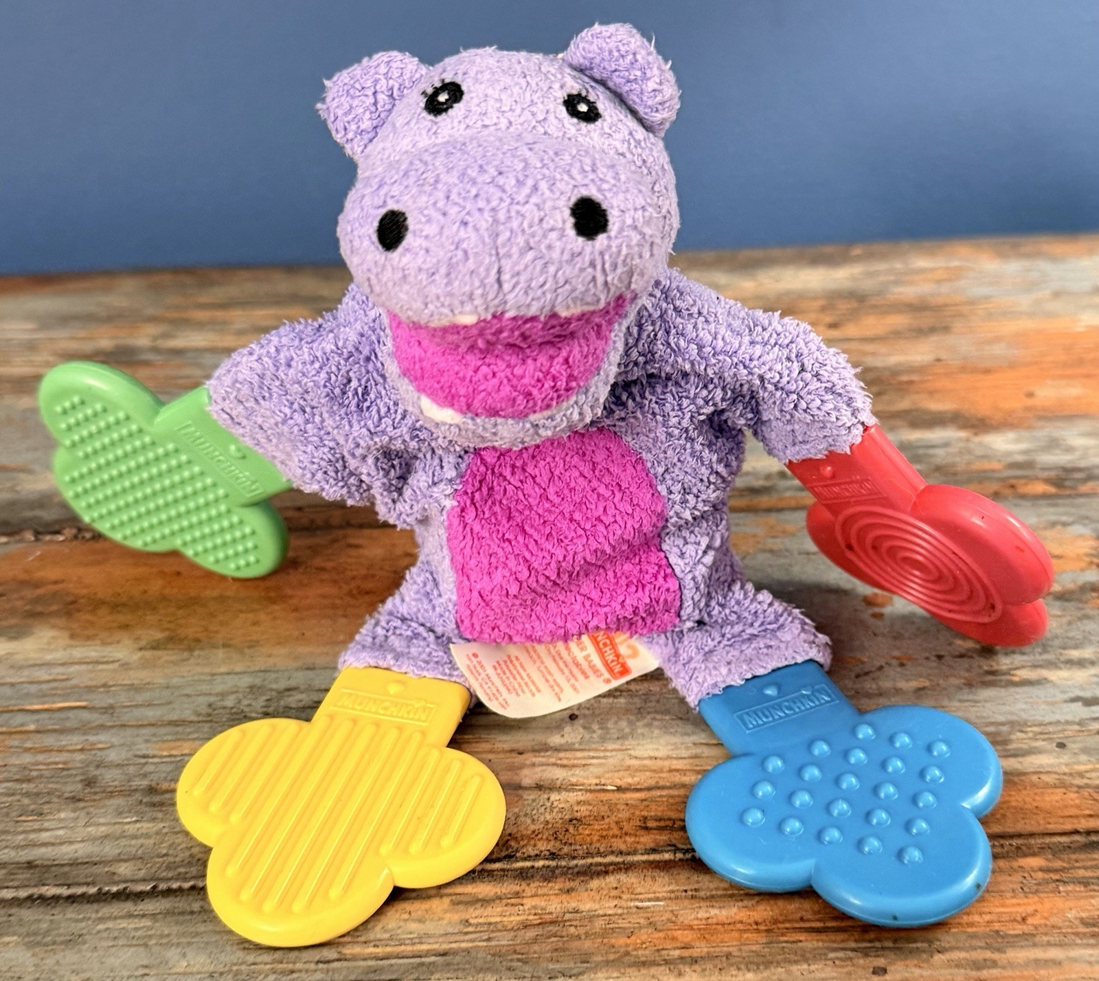 Munchkin Teether Baby plush purple hippo rattle colorful hands feet 2001