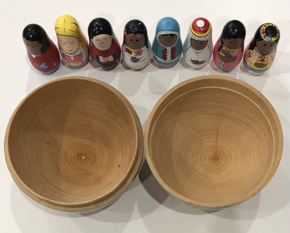 Wooden World Globe With 8 Multicultural Figurines Handpainted