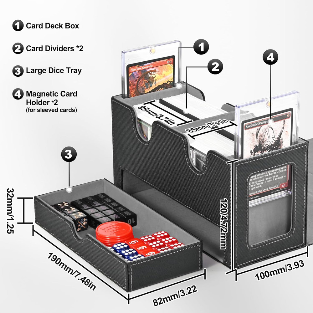 Card Deck Box for MTG, Double Storage Box with 2 Commander Display & 1 Dice Tray
