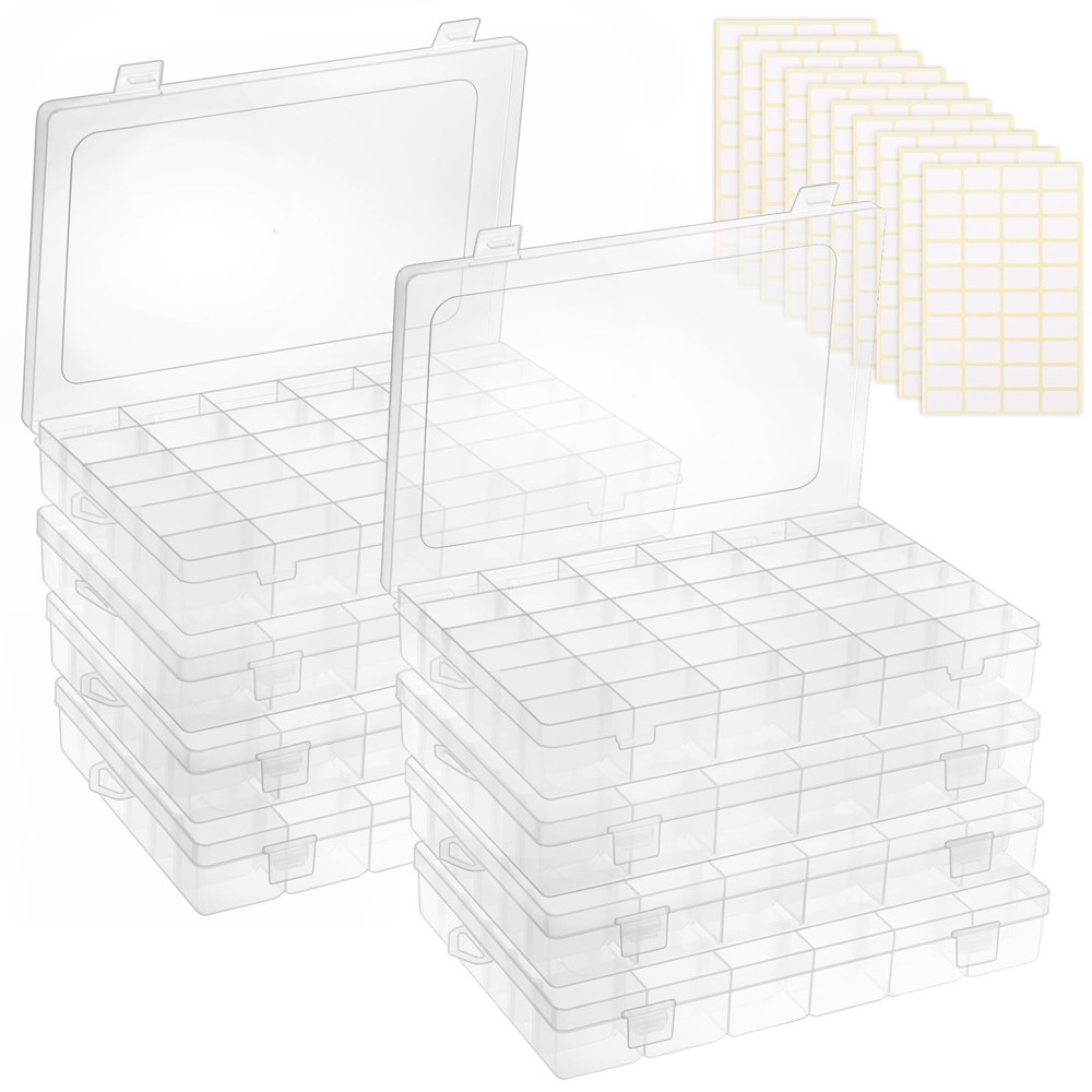 OUTUXED 8 Pack 36 Grids Clear Plastic Storage Boxes with Adjustable Dividers,...