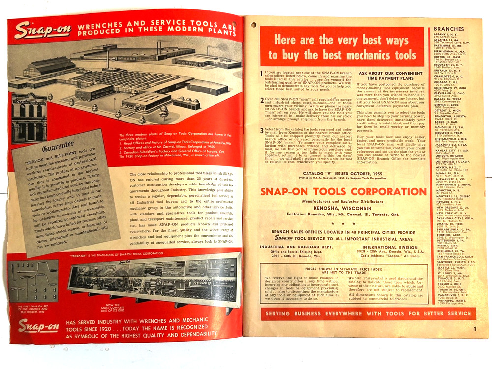 OCTOBER 1955 SNAP-ON TOOL TOOLS CATALOG V SAN FRANCISCO NOVATO CA
