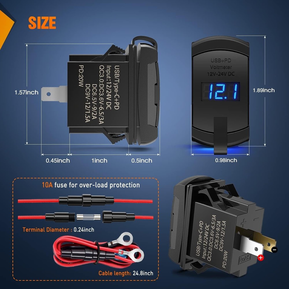 Nilight Rocker Switch Style USB Charger LED Voltmeter Quick Charge 12V PD Type C