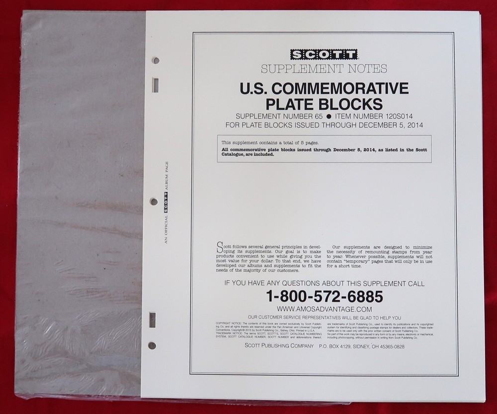 NEW Scott Supplement Notes #65 U.S. Commemorative Plate Blocks Through 12-05-14