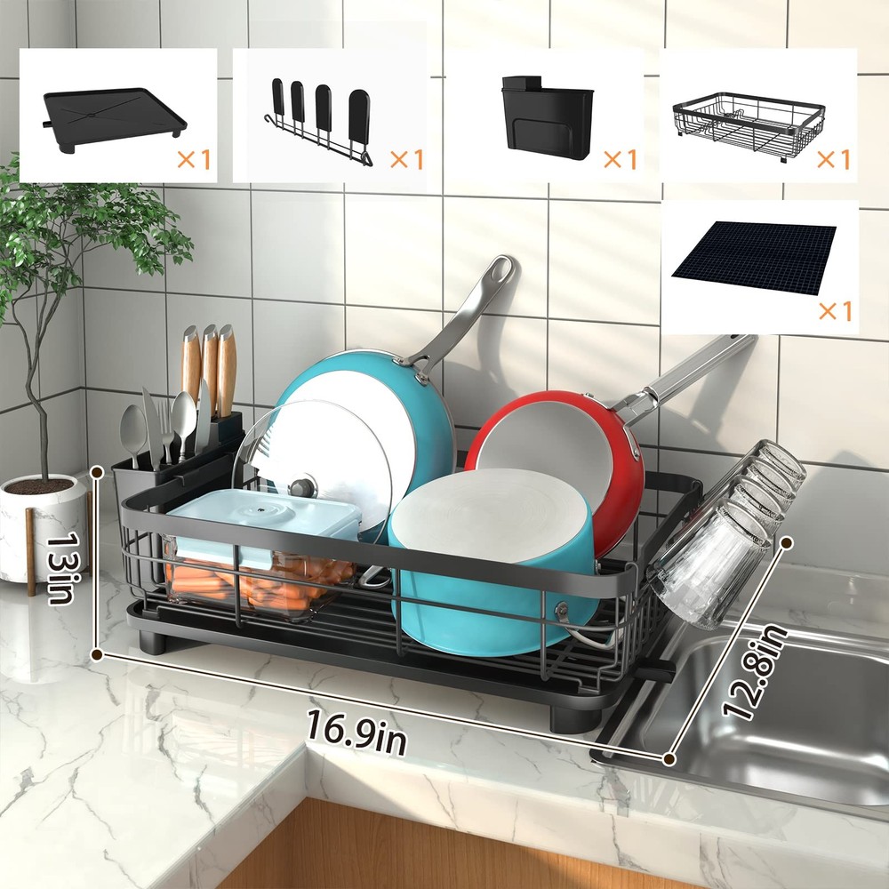 Dish Drying Rack, Dish Rack with Auto-Drain & Mat, Dish Drainers for Kitchen ...