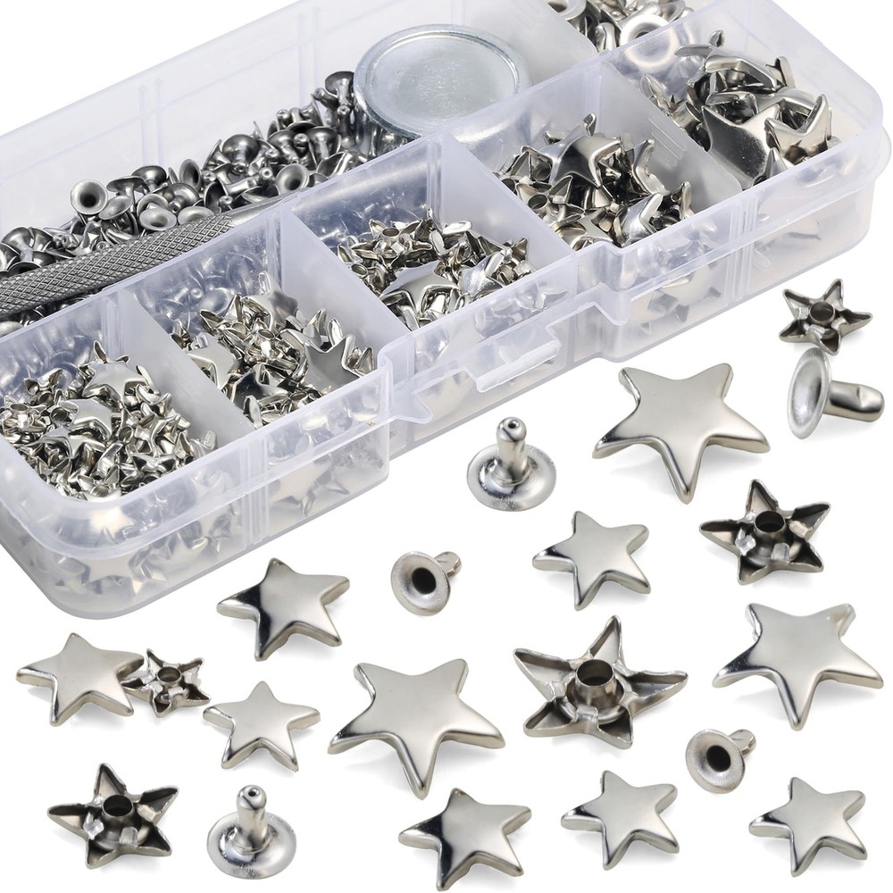 200 Sets Leather Rivets Kit Mixed Sizes Star Studs Silver Crafting Tool