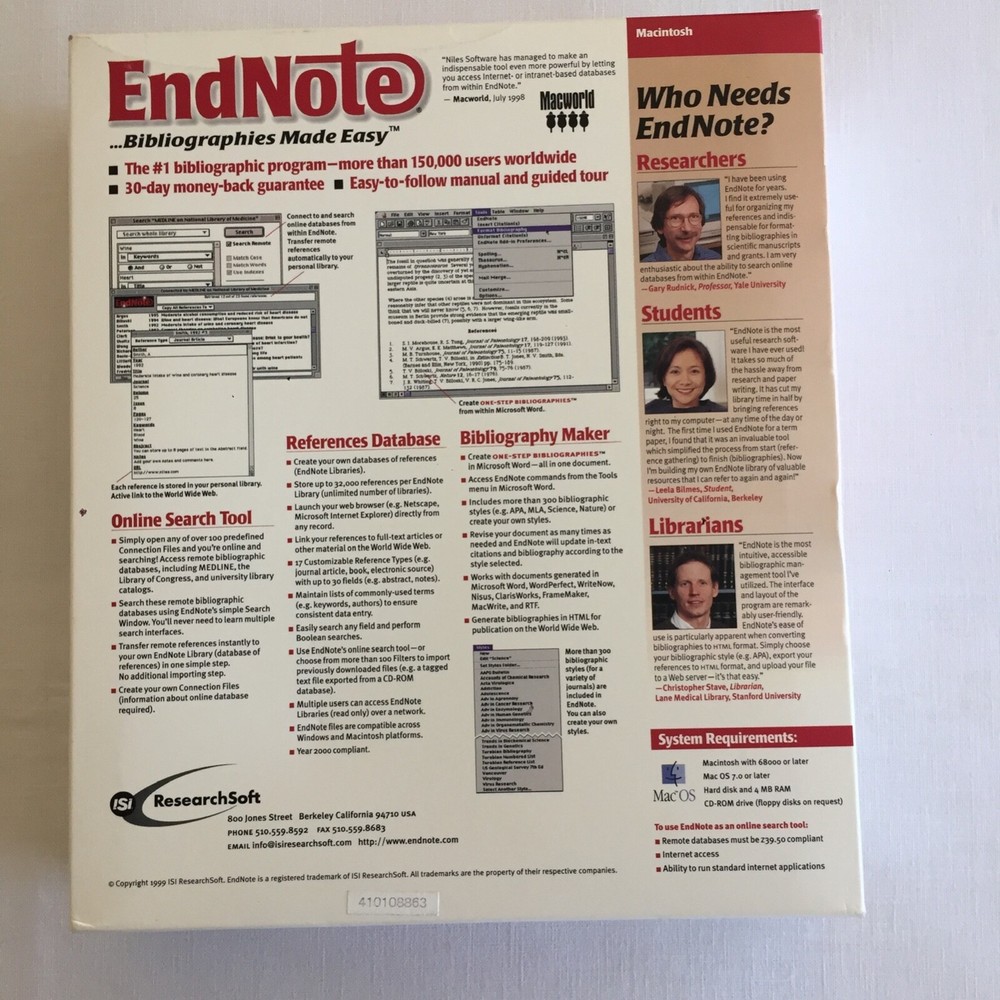 EndNote Student Special MacIntosh 3.1.2 3rd Ed. 1999 ISI ResearchSoft Complete