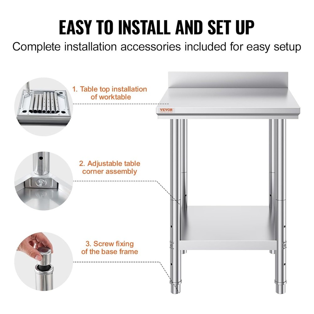Easy Install 24x24x34 Stainless Steel Kitchen Work Table with Undershelf