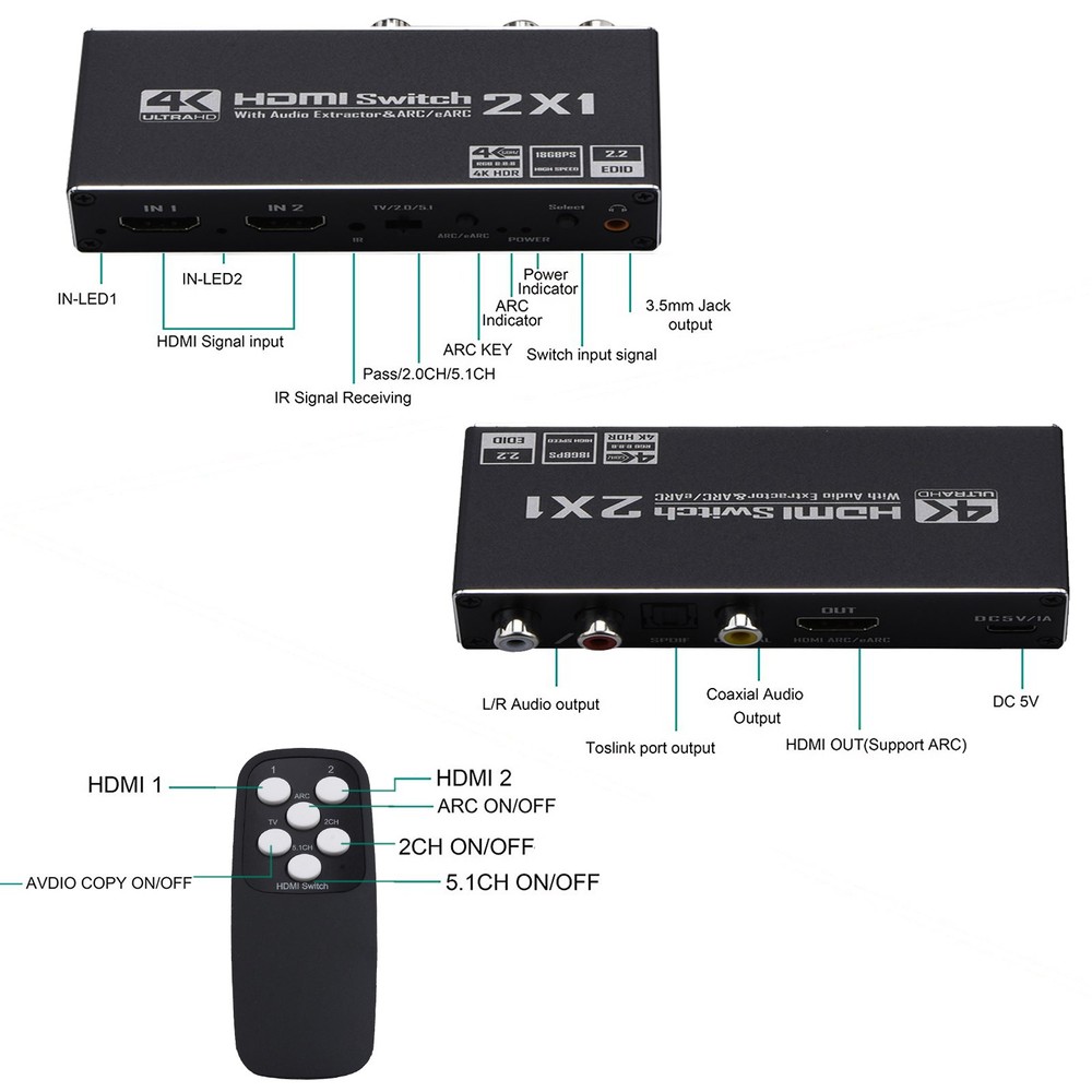 2 In 1 Out HDMI ARC Audio Switcher Selector 4K 2x1 HDMI Switch Audio Extractor